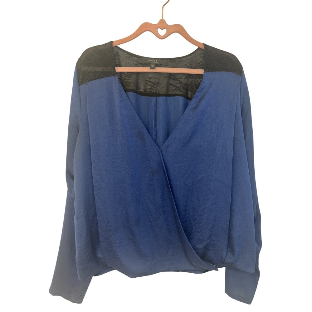 Guess LosAngeles Women Blue Satin Wrap Blouse Black Lace Yoke Long Sleeve Size M